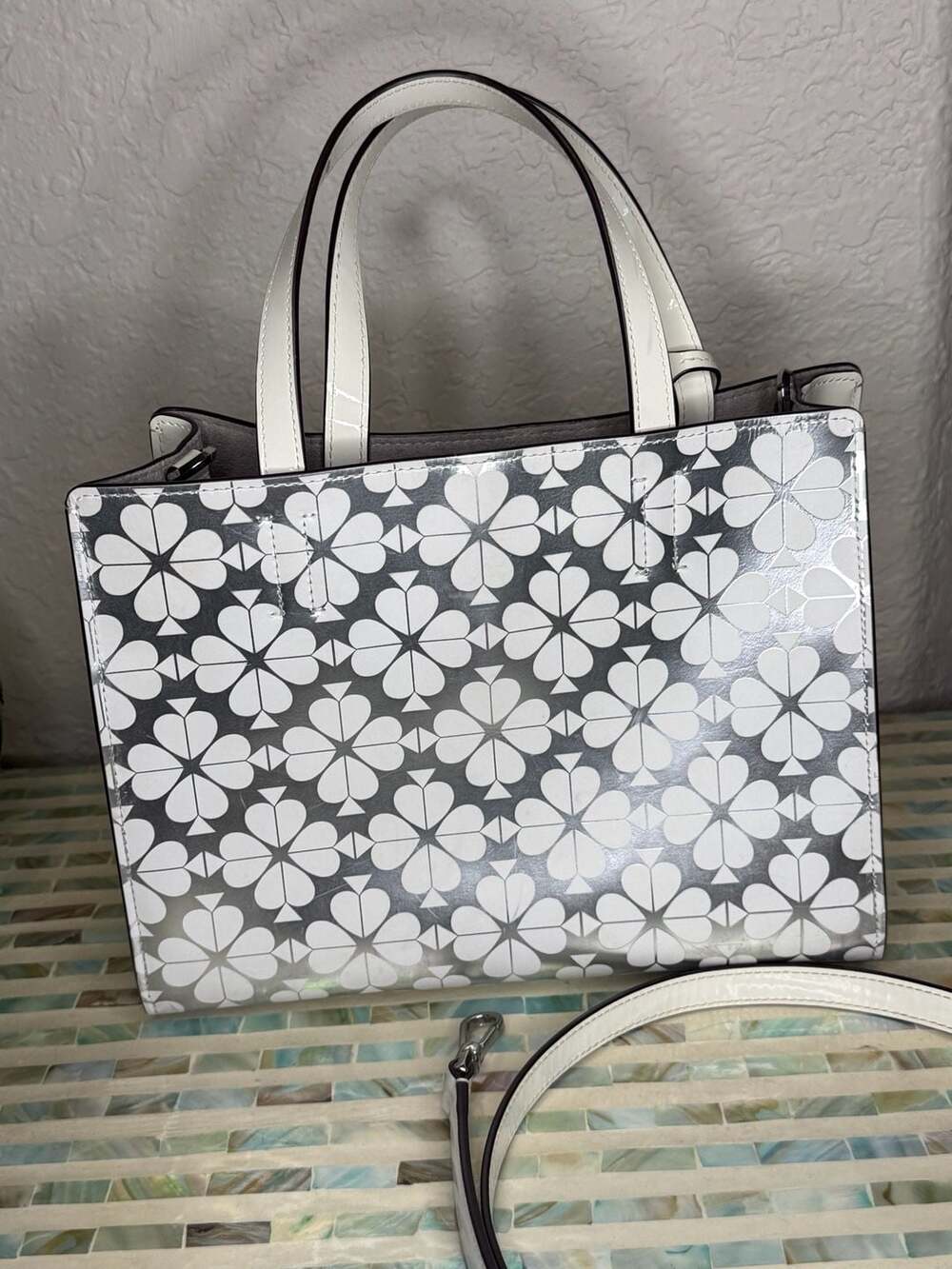 Kate Spade Sam Spade Flower Jacquard Medium Satchel Silver White Tote